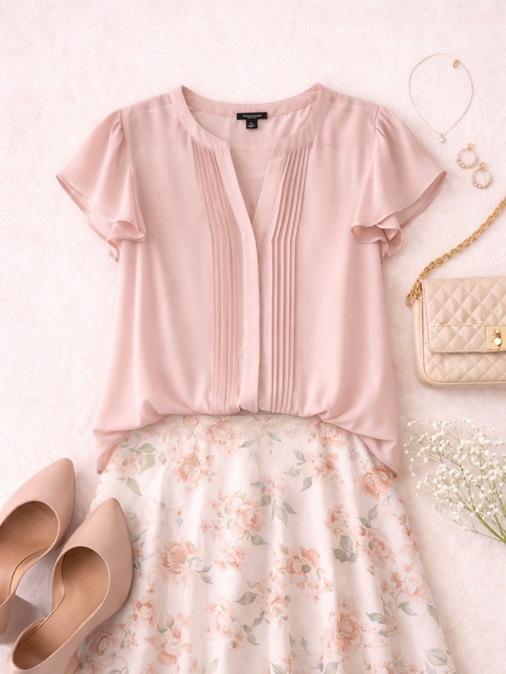 Ann Taylor Blush Pintuck Flutter Sleeve Blouse